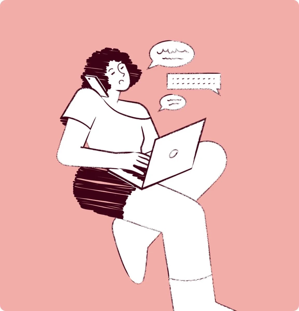 Person arbetar vid laptop med mobilen mot axeln; pratbubblor visar pågående samtal.