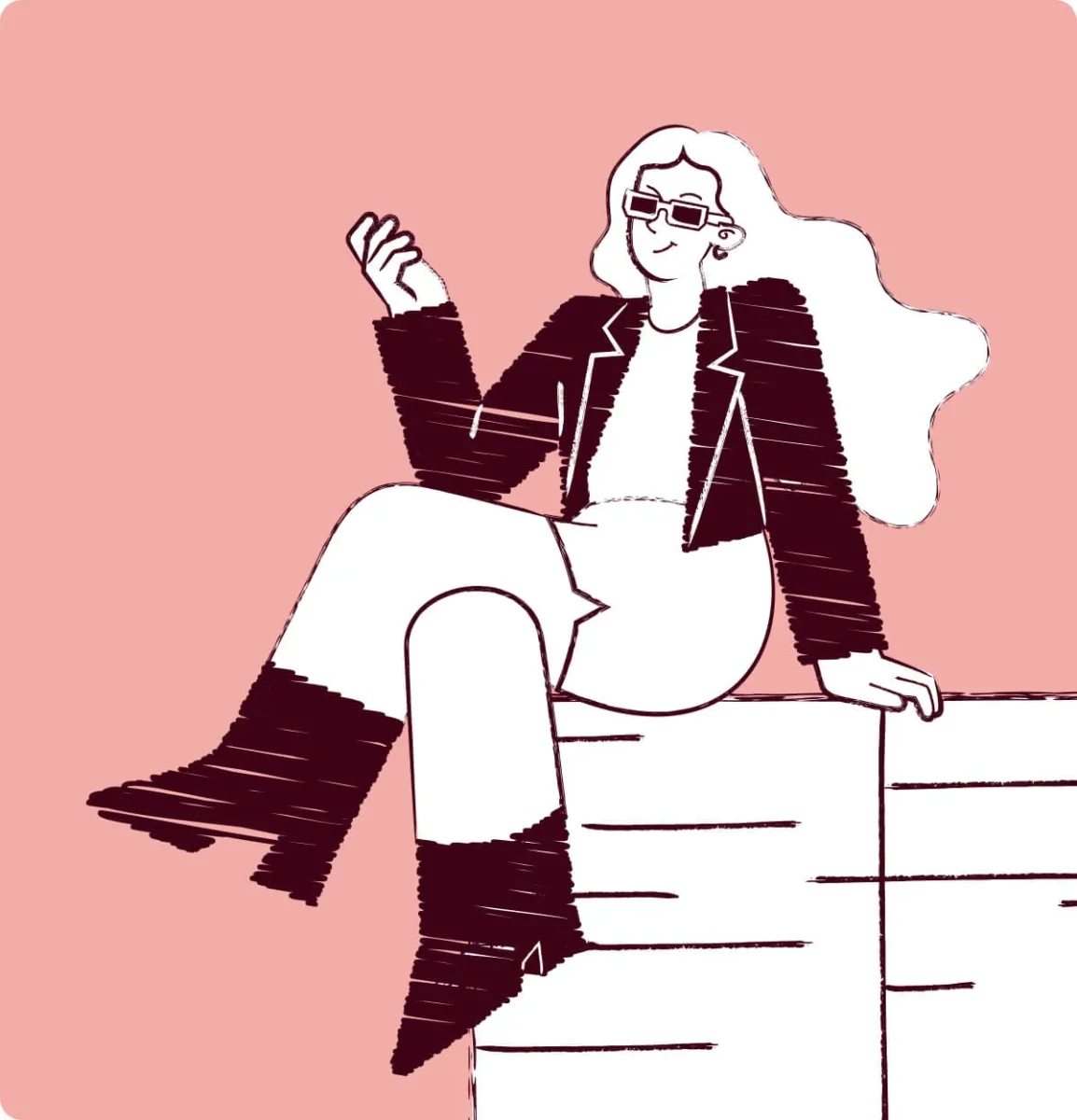 Person med solglasögon sitter på en låda och gestikulerar självsäkert.